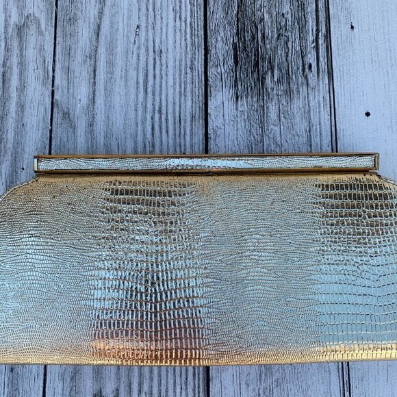 Vintage Gold Metallic Croc Embossed Clutch Handbag - Picture 4 of 12